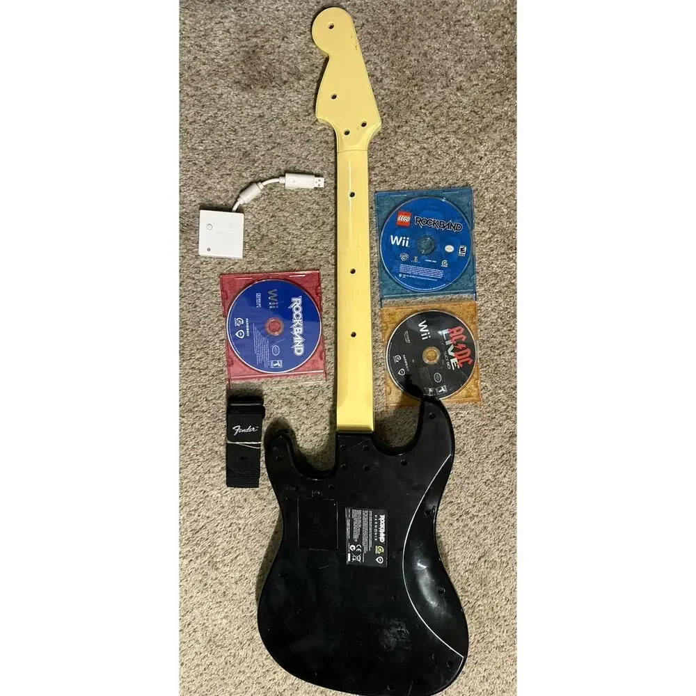 Nintendo Wii Rock Band Guitar w Dongle Strap 2 Games RockBand Lego AC/DC Tested